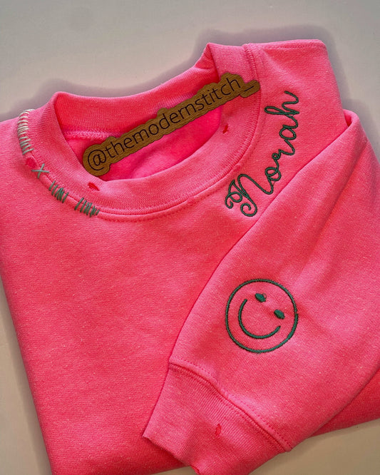 Distressed Custom Embroidered Collar and Smiley Face on Sleeve SweatShirt